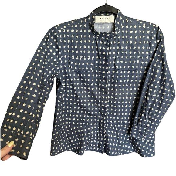 Marni Women’s Star Print Button Down Shirt Vintage Navy Cream Size IT 40 US 4 - Picture 1 of 13